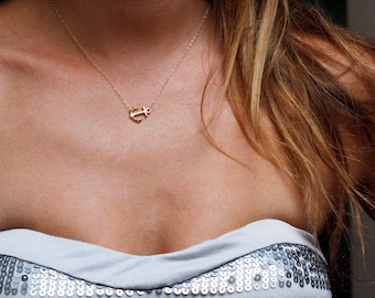 Sideways anchor necklace, Rose gold anchor necklace, 14k solid side charm necklace, Dainty sea necklace