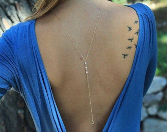 Hochzeit zurück Halskette, Cz Diamant Tropfen Lariat, Rose Gold Backpiece, Zierliche Braut y Halskette