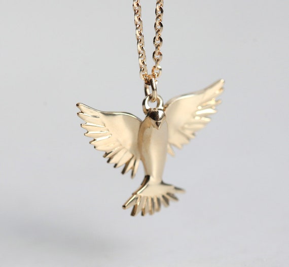 Etched Bird Necklace Gold Filled Dove Pendant Necklace Shiny Gold Oval –  The Cord Gallery