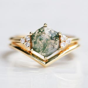 Moss agate engagement ring set, Geometric hexagon ring, Chevron wedding band, Side diamond set