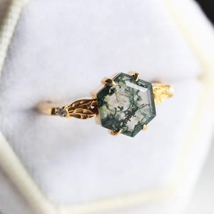 Moss agate engagement ring with leaf detail, Hexagon Moss agate leaf enagement ring