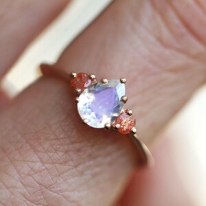 Moonstone engagement ring, Sunstone ring, Pear cut stone ring, Three stone ring, Blue & orange ring image 2