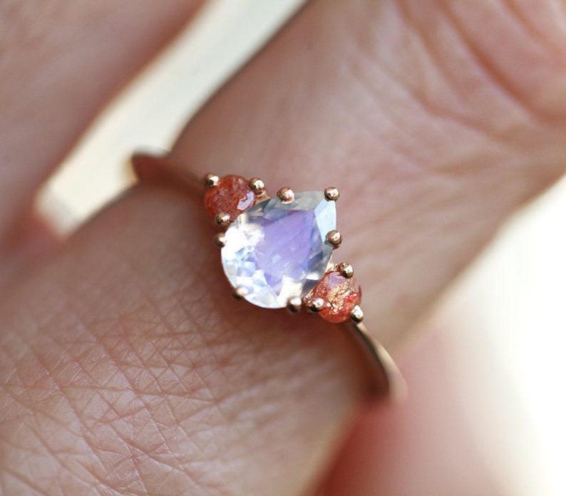 Moonstone engagement ring, Sunstone ring, Pear cut stone ring, Three stone ring, Blue & orange ring image 2