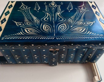 Biggest giant blue puzzle box on etsy,huge secret magic wizard box carved wooden jewelry storage treasure box premium gift for women girl