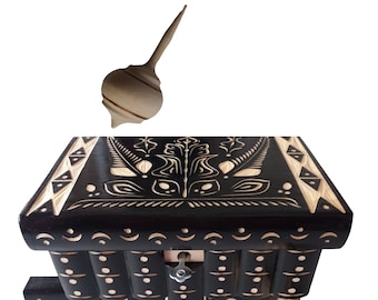 Handmade black wooden jewelry box case surprise magic secret puzzle box hidden key and spinning top hand turned from natural hazelnut wood