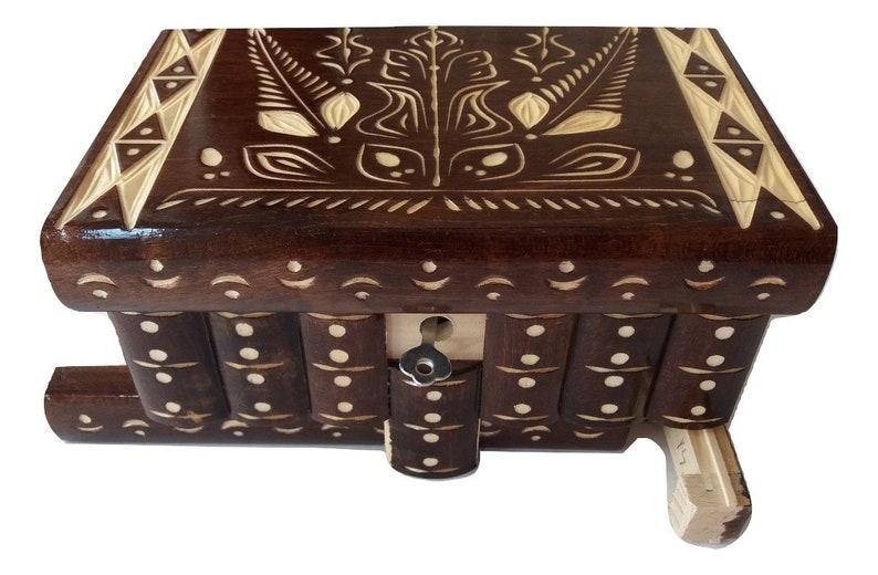 Puzzle jewelry box new beautiful special handcarved brown wooden secret magic brain teaser hidden storage box with key treasure challenge image 1