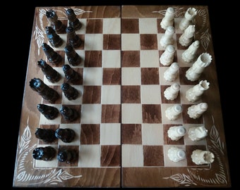 New handcarved hazelnut wood chess pieces  beech wood chessboard box 17x17 inch backgammon checkers