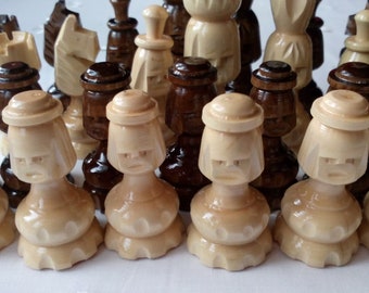 Special hand lathed and carved hazel wooden chess pieces set natural and brown piece size with base diameter 3.2 cm or 1.25 inch