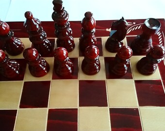 Red wooden chess set carved beech wood 17.6 X 17.6 inch chessboard box handmade hazelnut wood hand turned chess piece beech wood backgammon