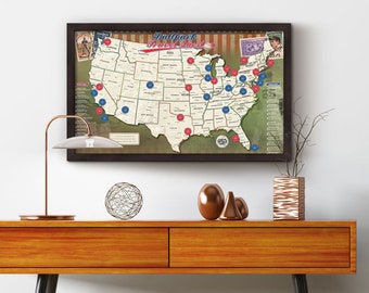 Ballpark Travel Quest Map Framed with Pins -Push Pin Travel Map-FREE SHIPPING