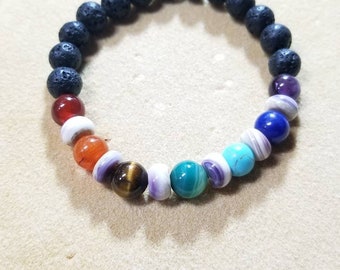 7 chakra stone beads with real Wampum barrel beads no metal bracelet