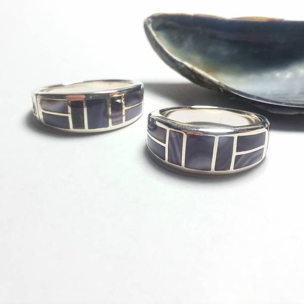 1 Sterling Silver Wampum Rectangle Inlayed Ring Sizes choose 6 to 14