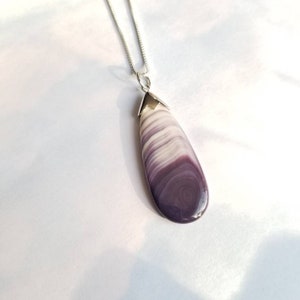 May include: A silver chain necklace with a purple and white shell pendant.