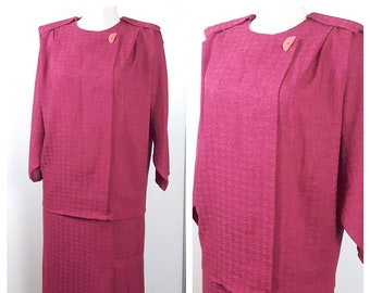 Vintage 80's Suit Skirt Set Pencil Skirt Magenta Pink Color Blouse Oversized Šhape Power Dressing UK10/12 EU38