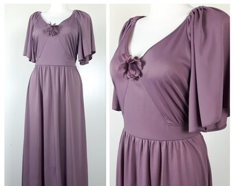 Vintage 70's Dress Maxi/Long Evening Party Lavender/Pale Purple Color Stretchy Fitted Waist V-neck Gathered Skirt UK16 EU42