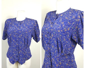 Vintage 80&#39;s Blouse Floral Peplum Short Sleeves Purple Blue Silky Fitted UK14