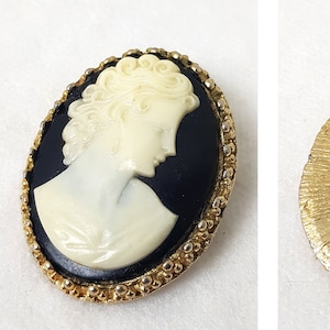Vintage Costume Jewelry Cameo Brooch Pin Gold White Black Tone Oval Victorian Lady Silhouette