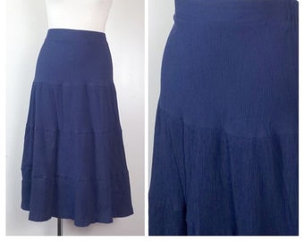 Vintage 80's Skirt Navy Prarie Knee Micropleat A-line High Waist UK12 EU38