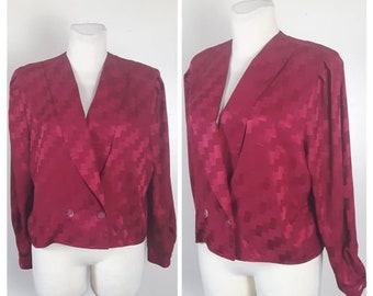 Vintage 80&#39;s Blouse/Jacket Berry Red Double Breasted Glossy Crop UK14 EU40