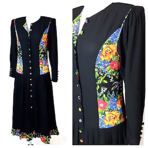 Vintage 80er Kleid schwarz Knöpfe vorne Robe Tee Sommer Floral UK10/12 EU36/38