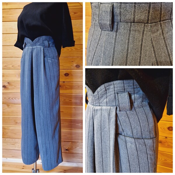 Vintage 80's Women Trousers Pants Wide leg Grey Striped High Waist UK12 EU38 M