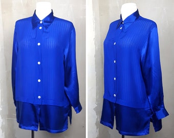 Vintage 80&#39;s Blouse Shirt Long Blue Long Sleeves Buttons Front Silky Sateen Bright Color UK12/14 EU38/40