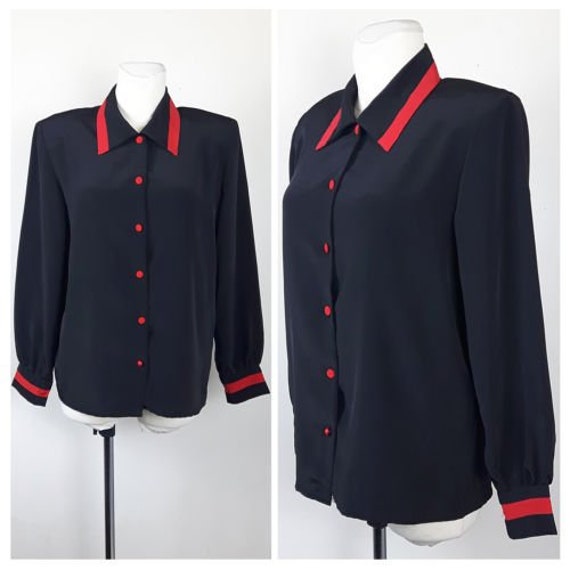 Vintage 80/'s Blouse Oversize Buttons Front Power Party Dark Teal UK1214 EU3840