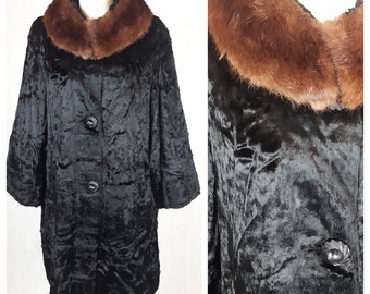 Vintage 40-50's Ladies Faux Fur Coat Black Swing Mink Fur Collar UK12/14 EU38/40