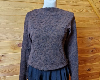 Vintage 80&#39;s Longsleeve Top Sweater Brown Stretchy Long Boat neck UK12/14 EU38/40