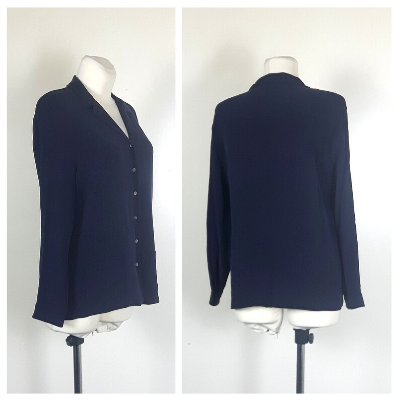 Vintage 80/'s Shirt Blouse Navy Loose Fit Silk Long Sleeves UK1214 EU38