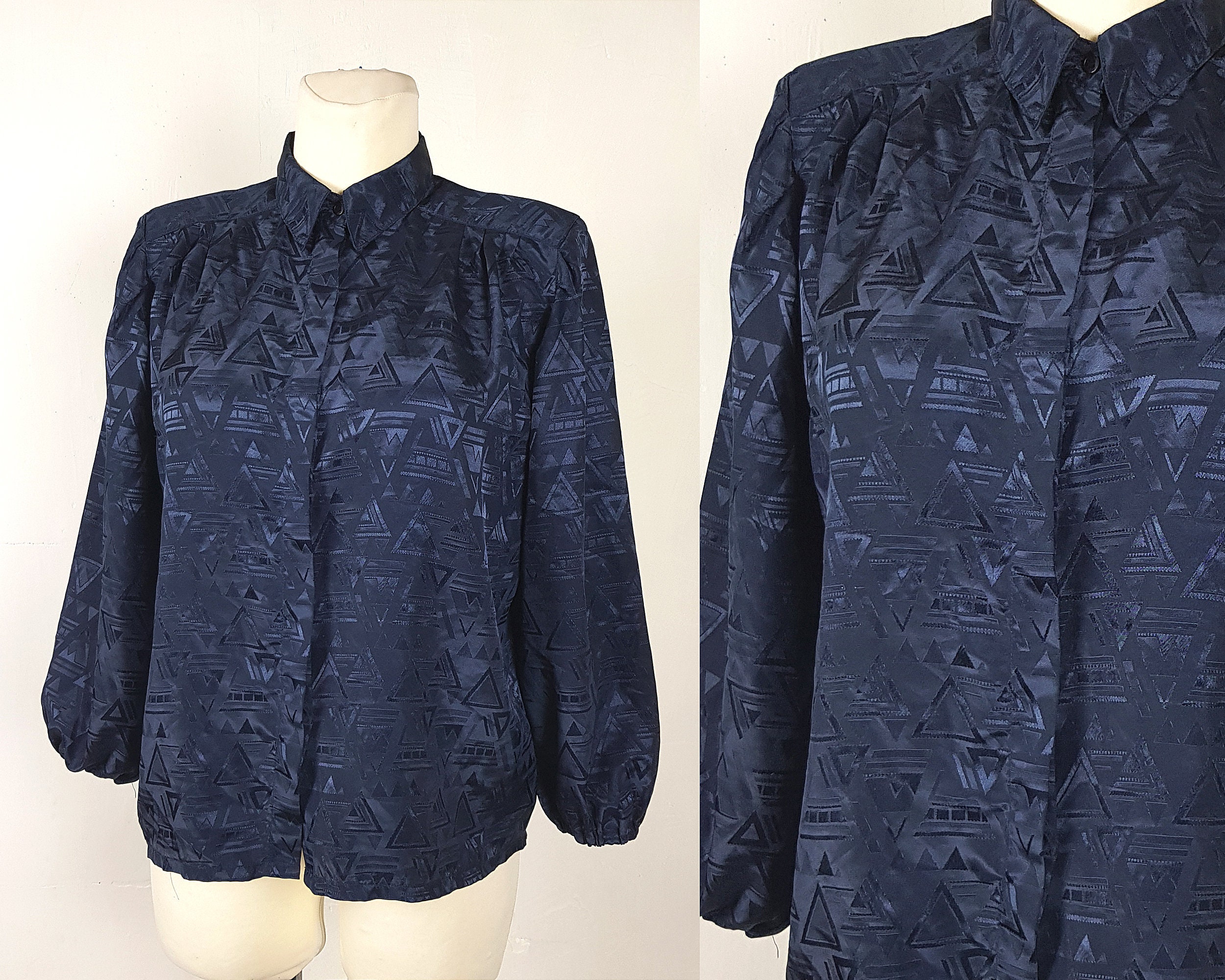 Vintage 80's Blouse Shirt Navy Glossy Long Sleeves Pleated Shoulders Elastic Cuff UK8/10 EU36
