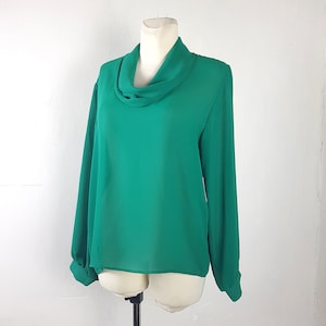 Vintage 80&#39;s Blouse Teal Green Floaty Cowl Neck Long Sleeves UK16 EU42