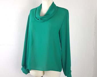 Vintage 80's Blouse Teal Green Floaty Cowl Neck Long Sleeves UK16 EU42