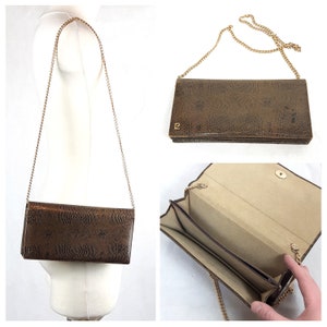 Vintage 80&#39;s Evening Bag Purse Gold Chain Leather Brown Animal