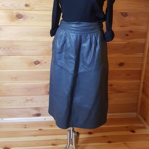 Vintage 80er Rock Dunkel Grau Leder Unterhalb Knie/Midi Hohe Taille UK42 EU42 L
