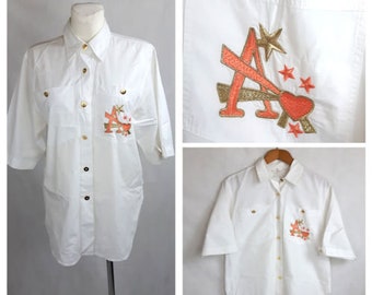 Vintage 80's Shirt Top White Cotton Military Gold Buttons Oversized UK12 EU40