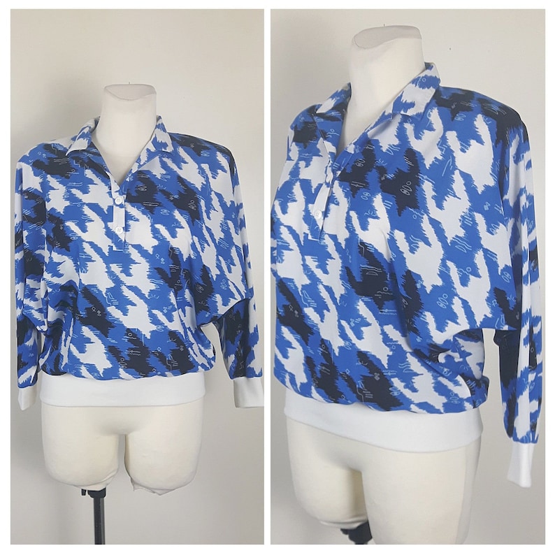 Vintage 80/'s Blouse Shirt Polo BlueWhite Elastic Batwing 34 Sleeves UK14 EU40