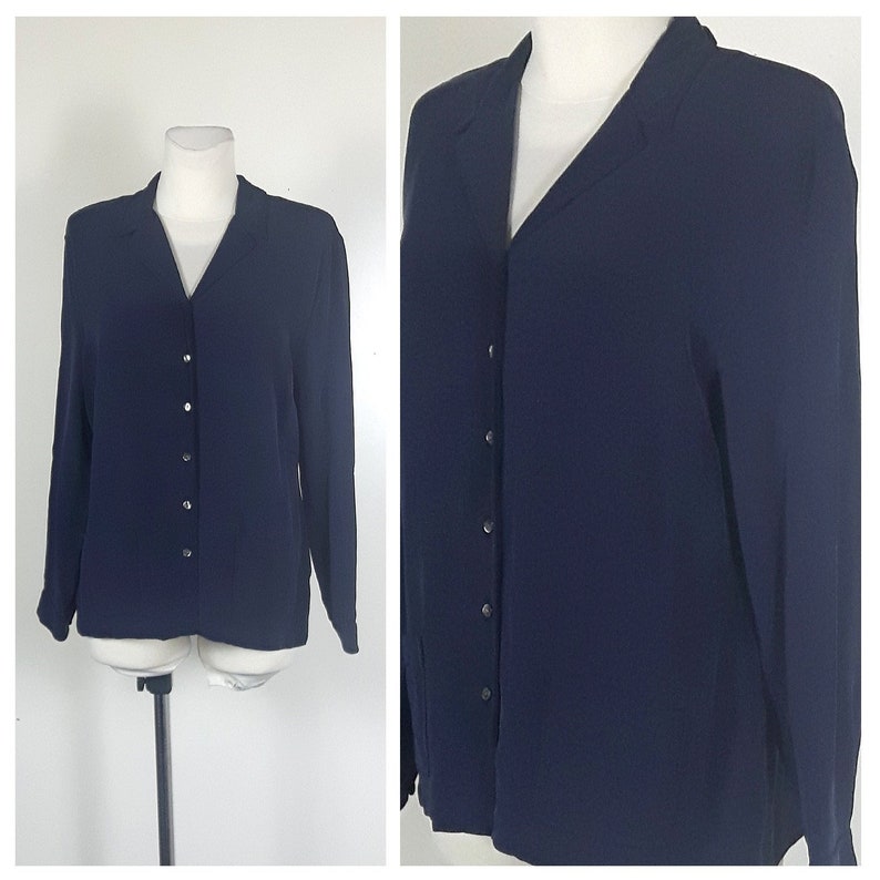 Vintage 80/'s Shirt Blouse Navy Loose Fit Silk Long Sleeves UK1214 EU38