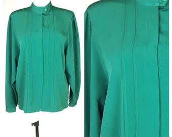 Vintage 80's Blouse Oversize Long Sleeves Teal/Green Puff Shoulders UK14 EU40/42