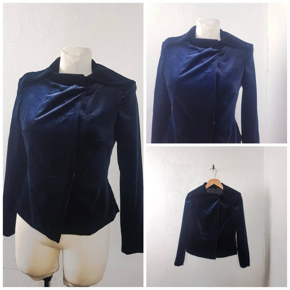 Vintage 80's Crop Jacket Navy Fitted Party Velvet… - image 1