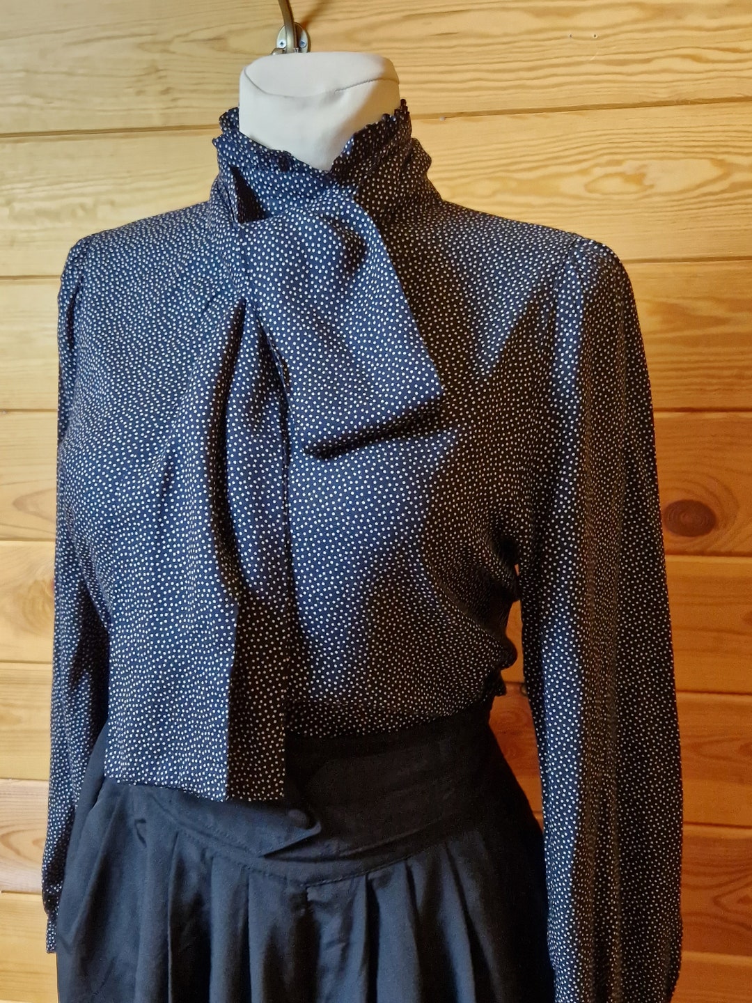 Vintage 80's Blouse Shirt Polka-dot Navy White Viscose Victorian UK12