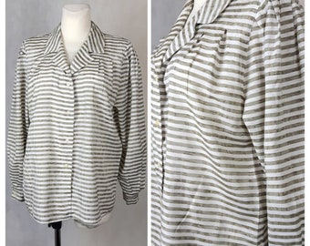 Vintage 80's Blouse Soft Striped Oversize White/Khaki Summer UK14 EU40