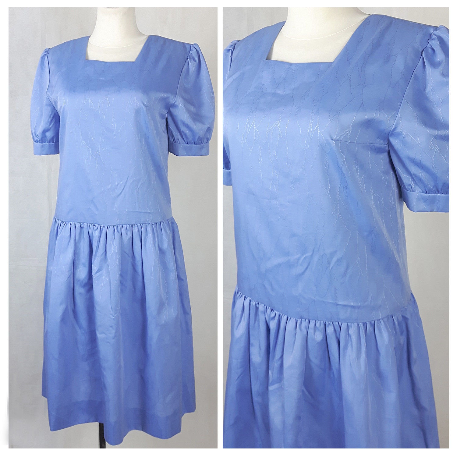 Blue Drop Waist Puff Tea Dress 