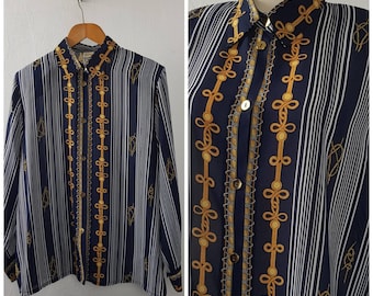 Vintage 80's Blouse Shirt Navy/White/Gold Striped UK16 EU44