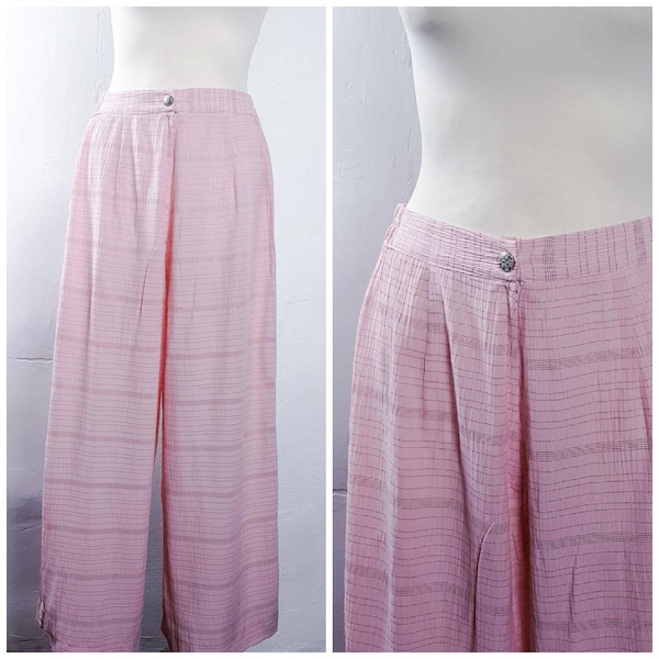 Vintage 80's Women Trousers Pants Pink Wide Long Lurex Summer High Waist UK14 EU40