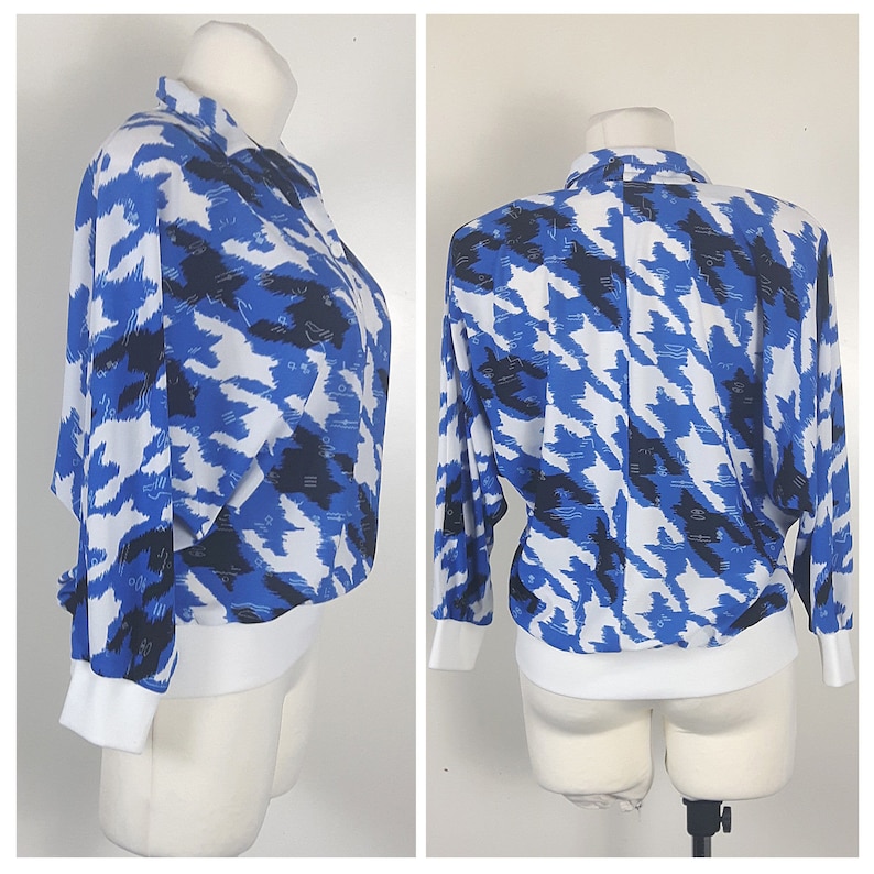 Vintage 80/'s Blouse Shirt Polo BlueWhite Elastic Batwing 34 Sleeves UK14 EU40