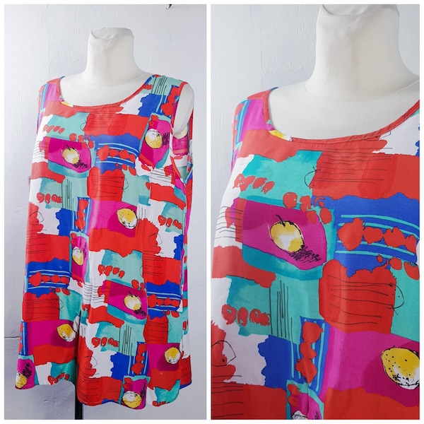 vintage 80's Top Vest Tank Bright Colorfull Novelty Print UK16 EU44