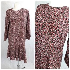 Vintage 80er Kleid Drop Taille Oversize Verschiebung Rüschen am Saum UK12/14 EU40/42
