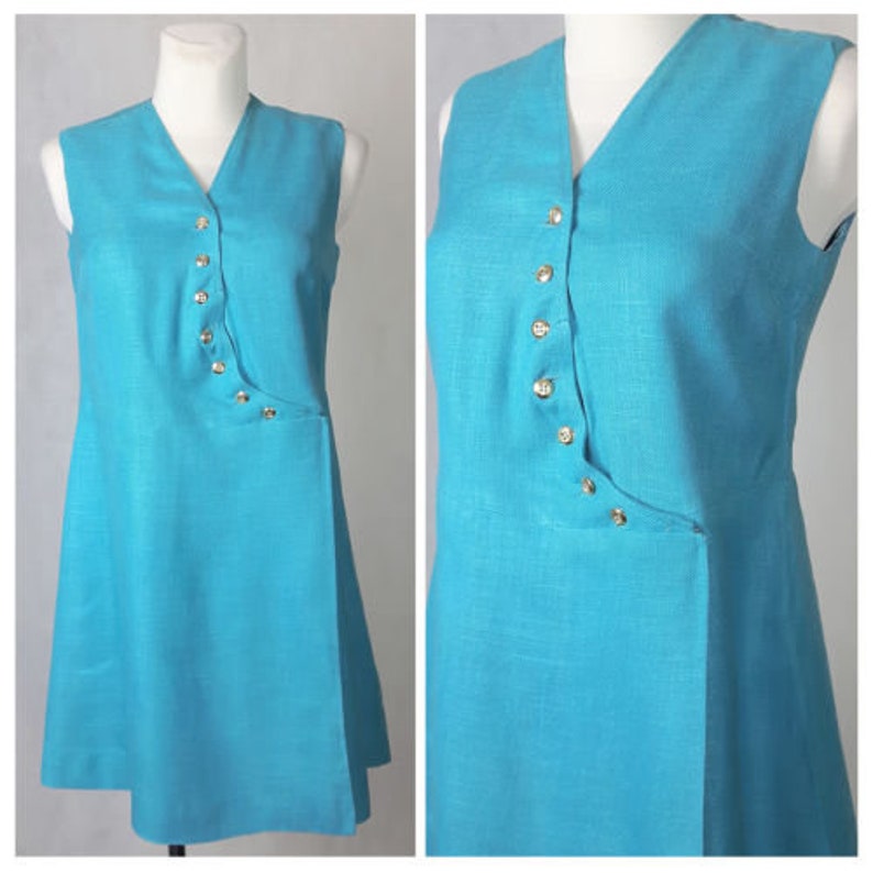 Vintage 60/'s Dress Mini TeaAqua Sleeveless Wrap Bright Mod Gogo UK12 EU38