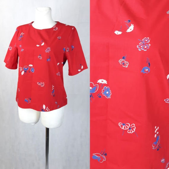 Vintage 80's Top Blouse Red T-shirt Floral Trendy
